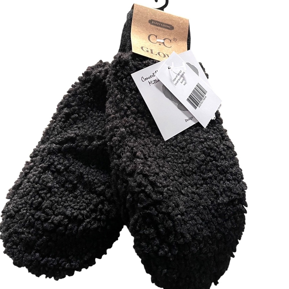 C.C Black Sherpa Convertible Mitten Gloves Fuzzy Lined MT-001 BLK NEW
